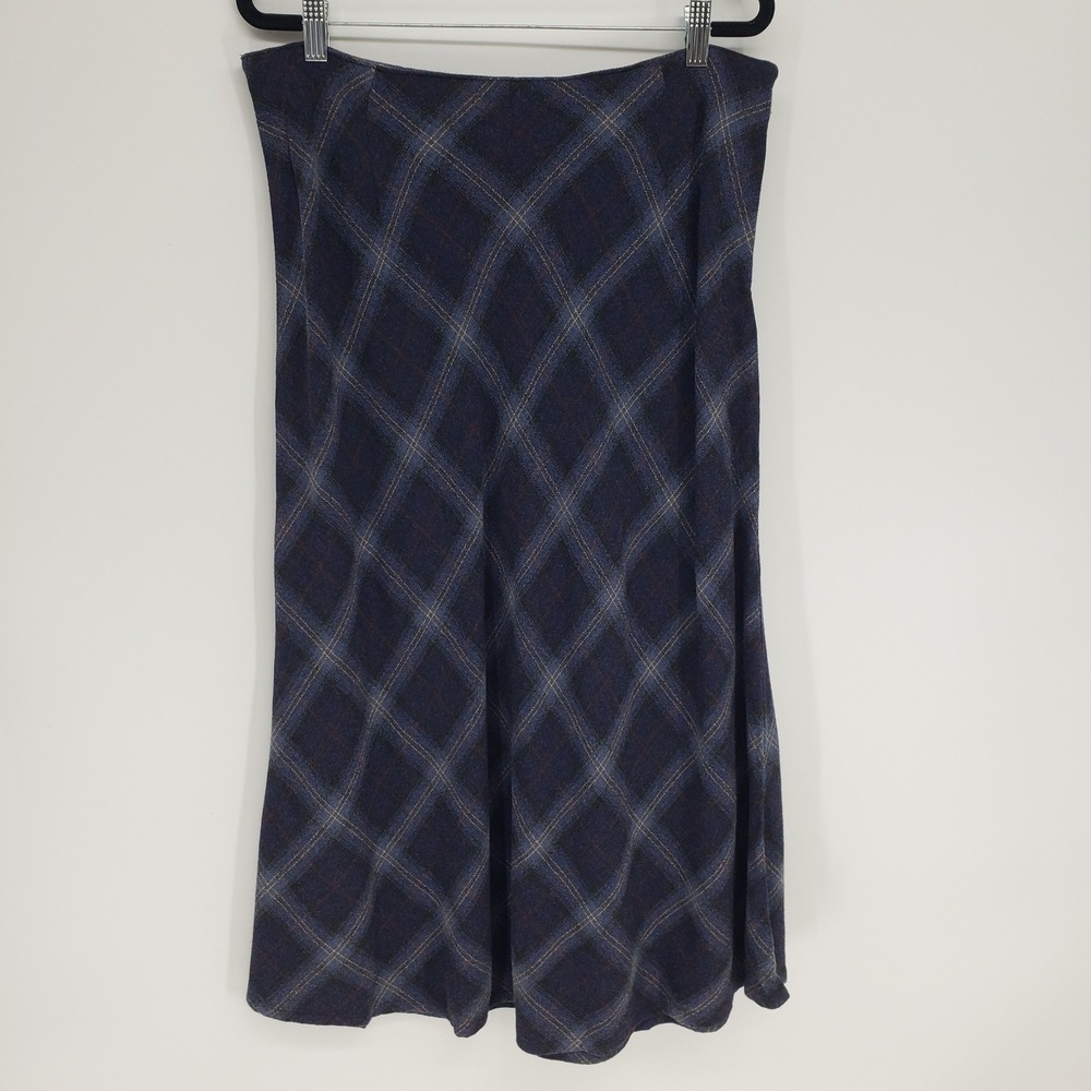 Vintage 90s LL Bean Plaid Wool Midi Skirt Women 16 Blue A-Line Bias Cut USA